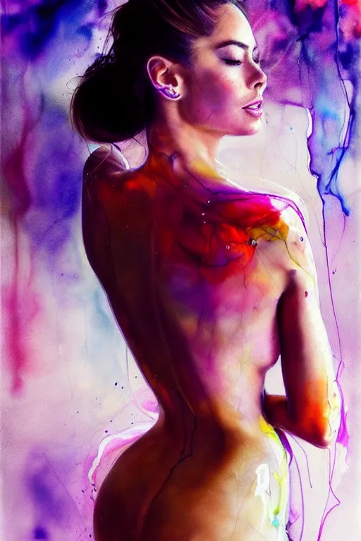 Prompt: sexy seductive little smile sophia vergara by agnes cecile enki bilal moebius, intricated details, spread leg, 3 / 4 back view, hair styled in a bun, bend over posture, full body portrait, extremely luminous bright design, pastel colours, drips, autumn lights