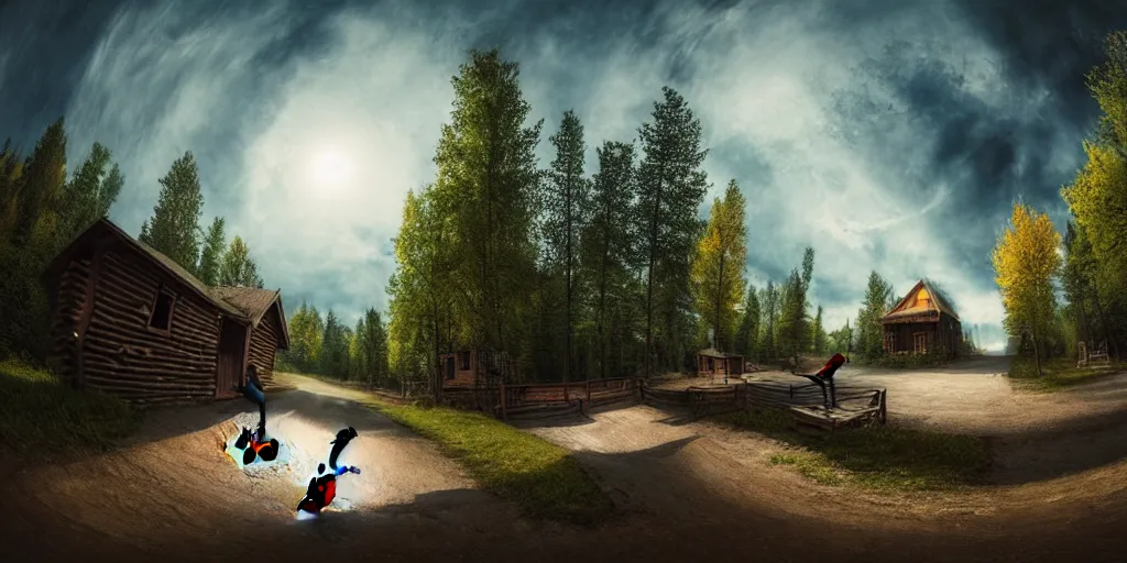 Image similar to a detailed beautiful matte painting of a skateboarder, kick flip, pilgrim village setting, log homes, dirt road, trees by Mikko Lagerstedt and Raphael Lacoste, graffiti by Fintan Magee, fisheye lens,