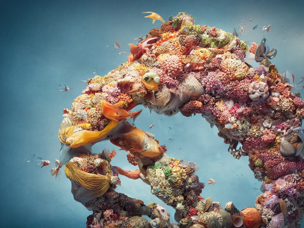 Image similar to a sculpture of fish ocean intertwined, a lovely cornucopia of flowers and human body parts, body parts, highly detailed, octane render, cinematic, shock, sharp focus, ball, an independent psycho,