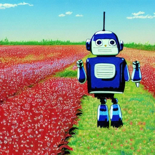 Image similar to a little robot lying in a flower field, painted by studio ghibli