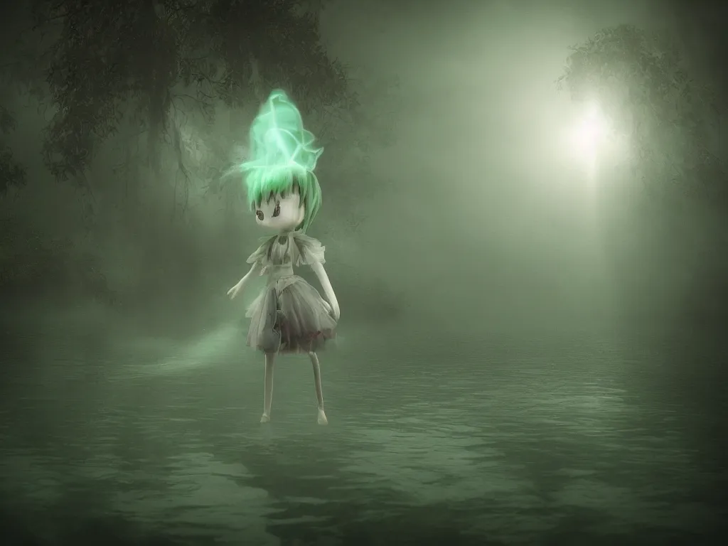 Image similar to cute fumo plush girl ghost in the haze of the murky river, reflective water surface, smoke and volumetric fog, tattered gothic horror maiden, fallen angel, green lens flare, light shafts, light and shadow, vray