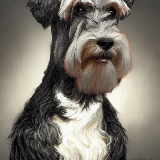 Image similar to portrait of stoic looking miniature schnauzer, military uniform, black fir, white eyebrows, fantasy, intricate, elegant, highly detailed, centered, dark, smokey, charcoal painting, digital painting, artstation, concept art, smooth, sharp focus, illustration, art by artgerm and greg rutkowski and alphonse mucha