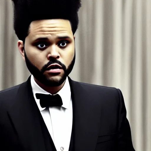 Prompt: Live Action Still of The Weeknd in The Godfather, real life, hyperrealistic, ultra realistic, realistic, highly detailed, epic, HD quality, 8k resolution, film still