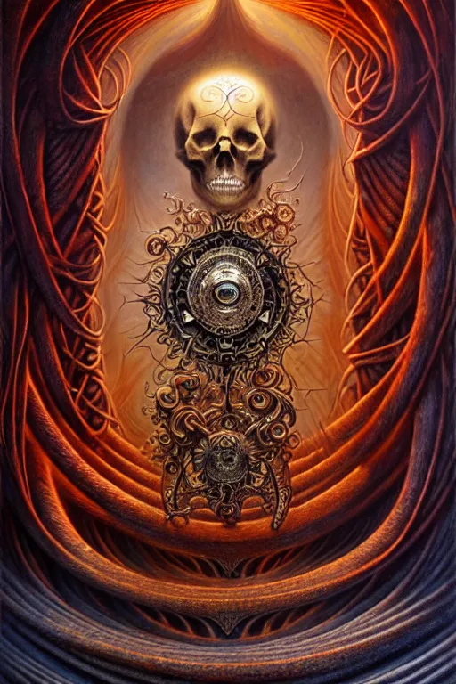 Image similar to A beautiful detailed orixa, tarot card, by tomasz alen kopera and Justin Gerard, symmetrical features, ominous, magical realism, texture, intricate, ornate, royally decorated, skull, skeleton, whirling smoke, embers, red adornements, red torn fabric, radiant colors, fantasy, trending on artstation, volumetric lighting, micro details, 3d sculpture, ray tracing, 8k, anaglyph effect