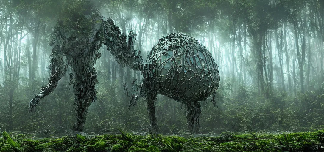 Prompt: a complex organic fractal 3 d metallic symbiotic ceramic humanoid megastructure creature in a swampy lush forest, foggy, sun rays, cinematic shot, photo still from movie by denis villeneuve, wayne barlowe, close - up