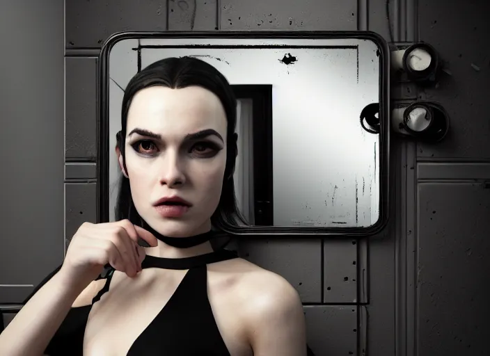 Image similar to octane render photographic portrait by quentin tarantino of a beautiful feminine man wearing black techwear and light makeup looking in a broken bathroom mirror, old new york apartment, full shot, retrofuturism cinematic, 8 k, hd, high resolution, ultra realistic faces, photorealistic, intricate detail, trending on artstation, digital painting, clockwork orange