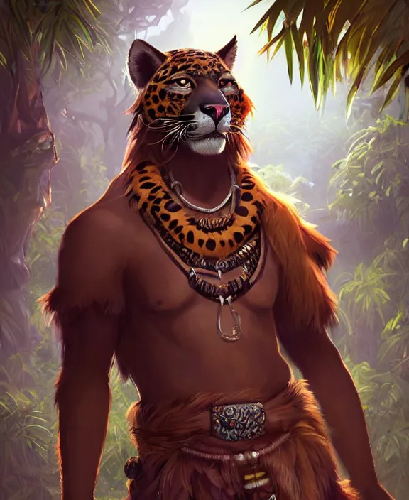 Image similar to character portrait feature of the anthro male anthropomorphic jaguar fursona animal person wearing shaman tribal outfit robes belt standing in the amazon rainforest, well framed character design stylized by charlie bowater, ross tran, artgerm, makoto shinkai, detailed, soft lighting, rendered in octane