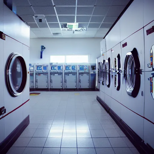 Image similar to a beautiful photo of an astronaut waiting in a laundromat, soft light, morning light, depth of field, photorealistic, realistic, octane, 8k, cinematic shot