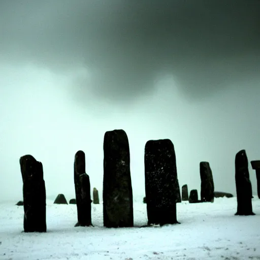 Image similar to 'hundreds of cats play among neolithic standing stones, in a haunting snow storm, fog, atmosphere, brooding clouds'