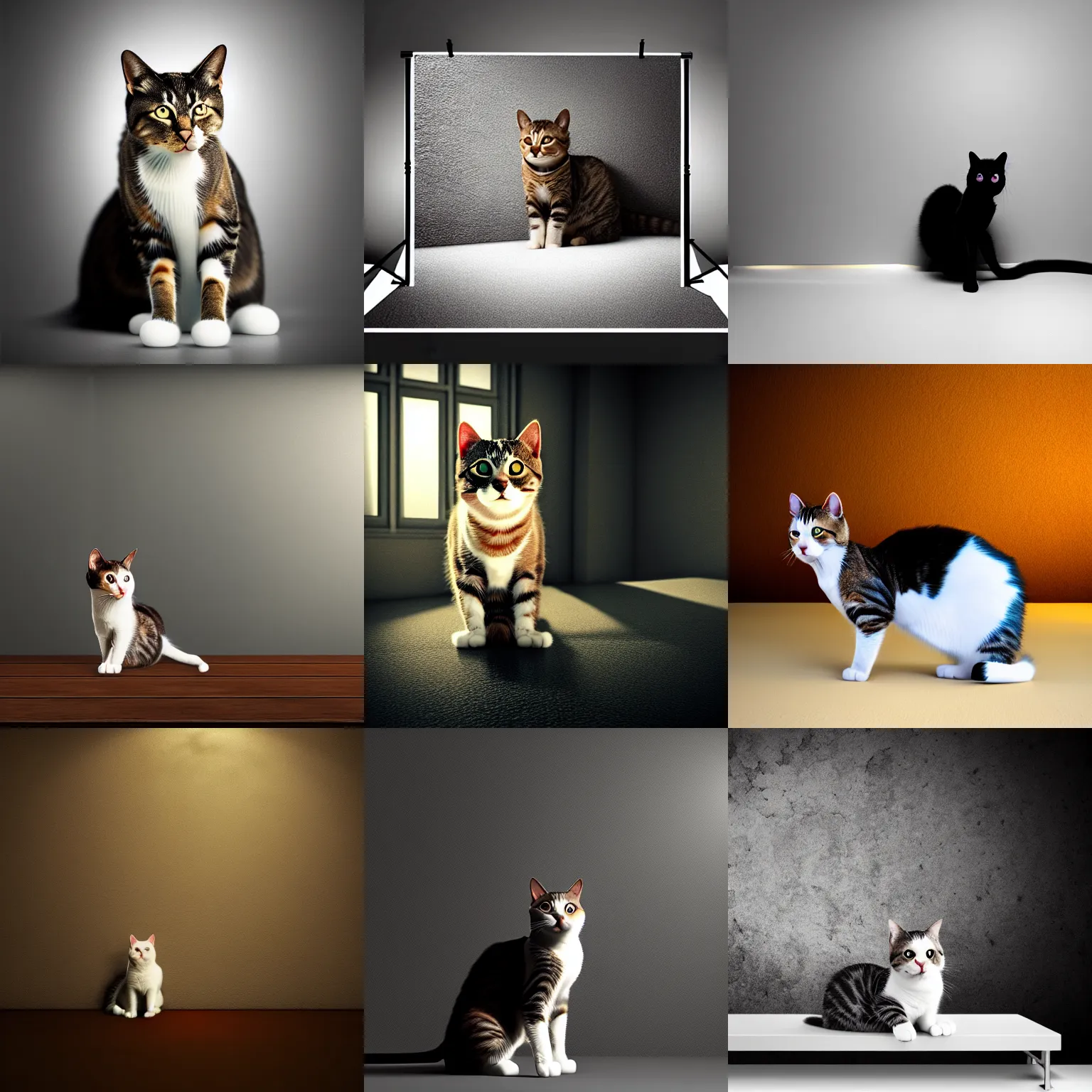 Prompt: cinematic, cats, rule of thirds, dynamic composition, studio lighting, random wall or scenery background, photorealistic, centerpiece, 8k