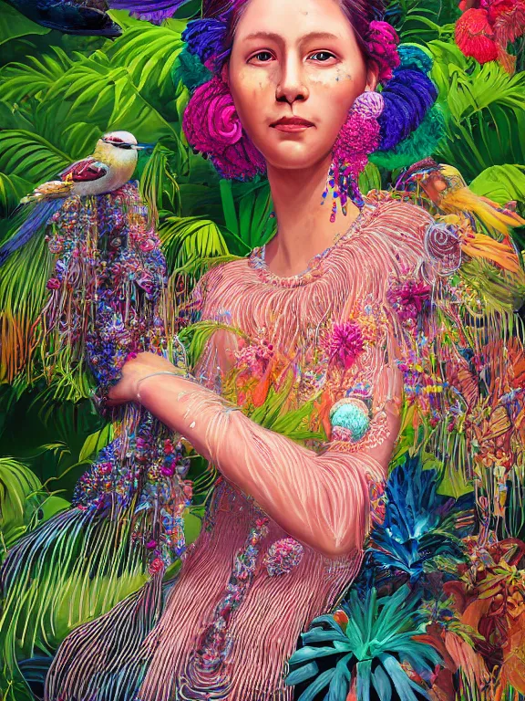 Prompt: beautiful portrait of a Subtropics minority colorful pigtail female wearing fantastic Hand-dyed cotton dress, embellished beaded and decorative fringe knots ,around subtropical plants and flowers and birds,intricate, elegant, highly detailed, dim volumetric lighting, 8k,octane,post-processing,digital painting, trending on artstation, concept art, smooth, sharp focus, illustration,by Tom Bagshaw and Daniel Gerhartz and Albert Aublet and Lawrence Alma-Tadema and alphonse mucha