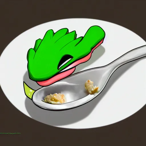 Image similar to pepe with a spoon, realistic, detailed, artstation