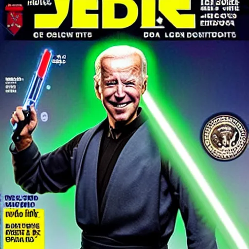 Image similar to joe biden as a jedi with green lightsaber cover of magazine. High quality.