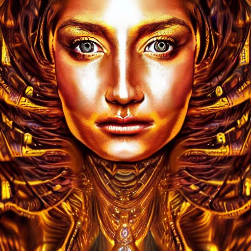 Image similar to cinematic realistic photo of golden godess portrait in the style of Alex grey