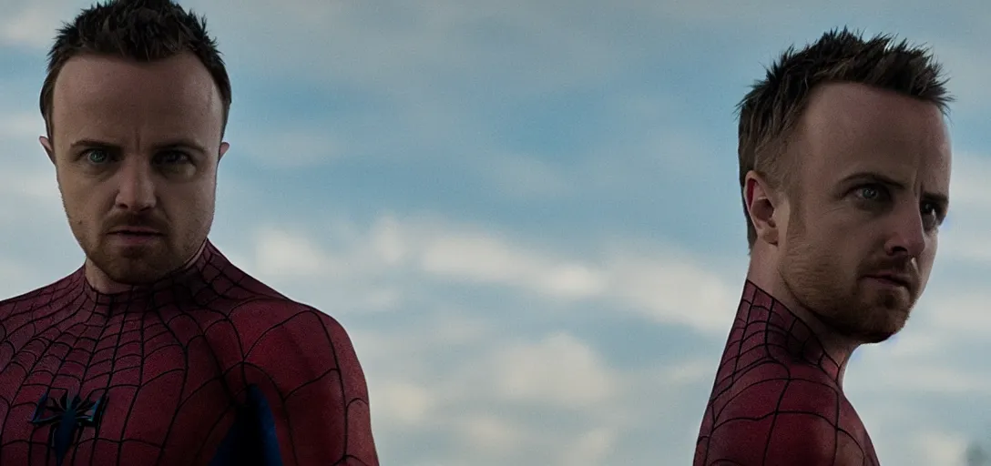 Image similar to Jesse Pinkman as Spider-Man, film still, wide-shot, full shot, cinematic lens, heroic portrait