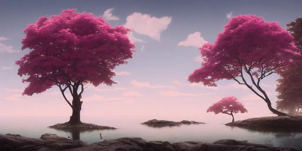 Image similar to vanishing point a single sakura tree upon a lake, viewed from afar, stephen bliss, mist, unreal engine, fantasy art by greg rutkowski, loish, rhads, ferdinand knab, makoto shinkai and lois van baarle, ilya kuvshinov, rossdraws, tom bagshaw, global illumination, radiant light, minimalist, detailed and intricate environment