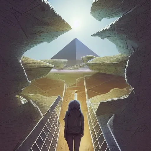 Image similar to point perspective path towards a pyramid with black snake in the sky ,by artgerm and Craig Mullins, James Jean, Andrey Ryabovichev, Mark Simonetti and Peter Morbacher 16k