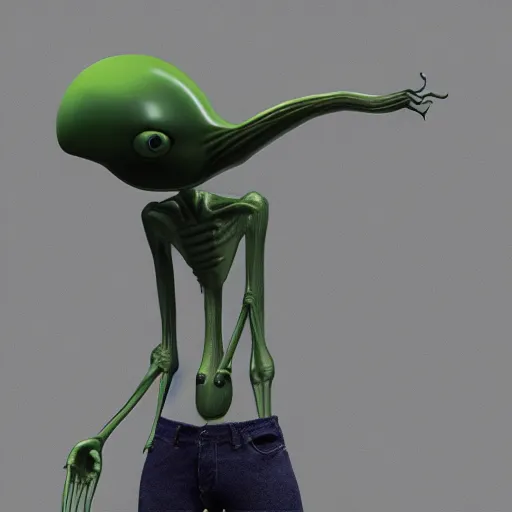 Image similar to an alien with big eyes and a green body, a computer rendering by David Firth, cgsociety, neo-figurative, polycount, zbrush, rendered in maya