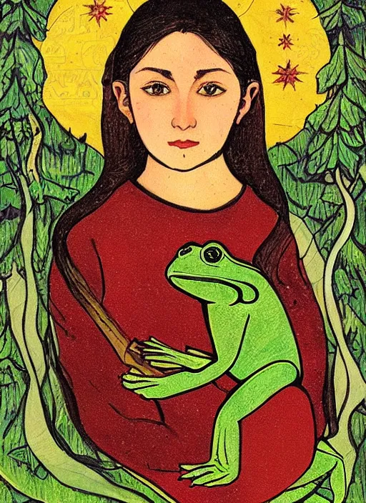 Prompt: portrait of a young woman holding a frog ; forest ; moon and stars ; slavic tale ; ivan bilibin style ; 8 k ;