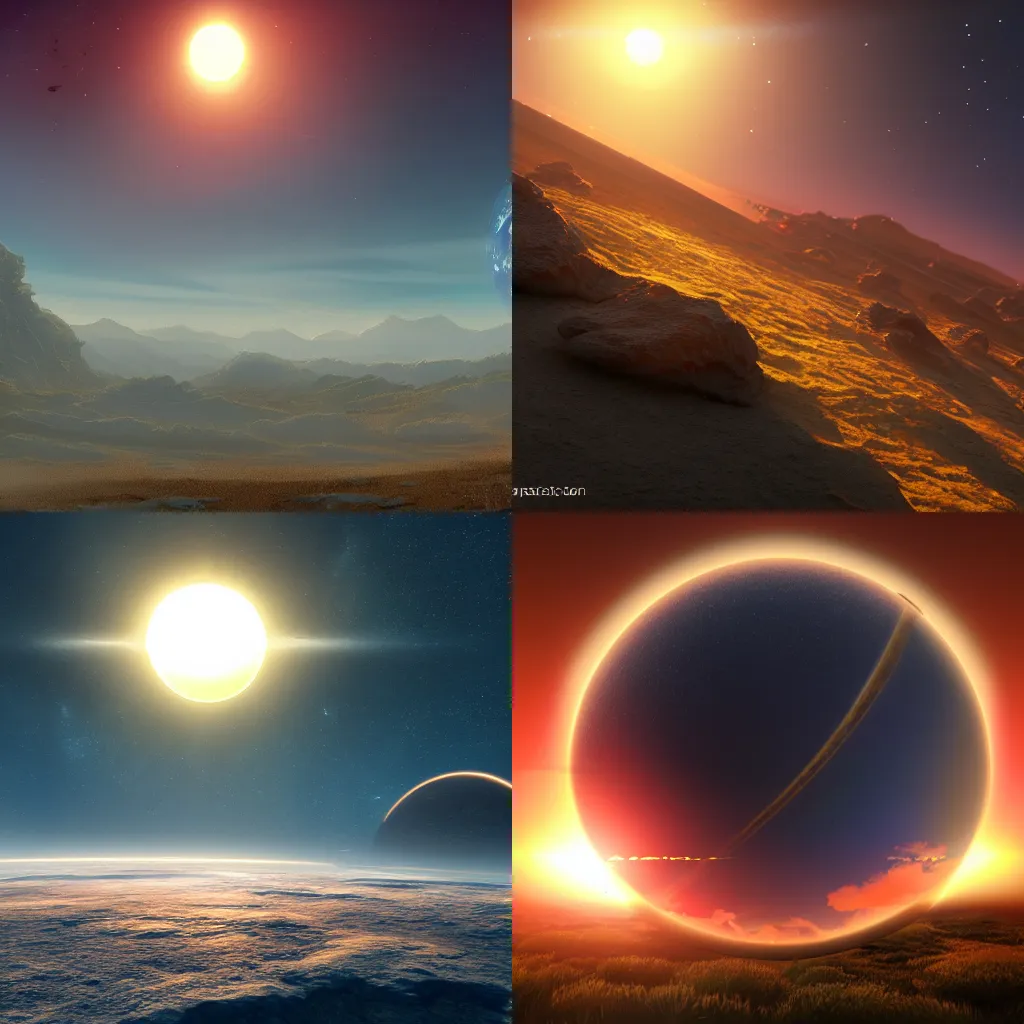 Prompt: sunrise on a planet with 2 suns, artistic, trending on artstation, fantasy