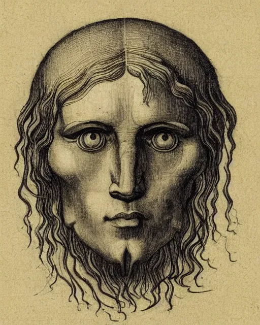 Image similar to head with four faces creature, drawn by da vinci