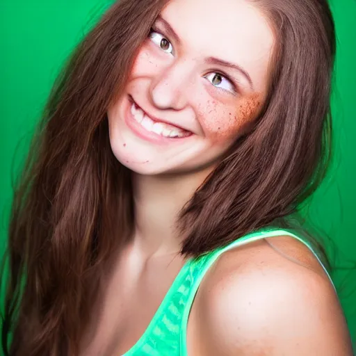 Image similar to A cute and beautiful young woman, long shiny bronze brown hair, green eyes, cute freckles, smug smile, studio lighting, studio background medium shot, mid-shot