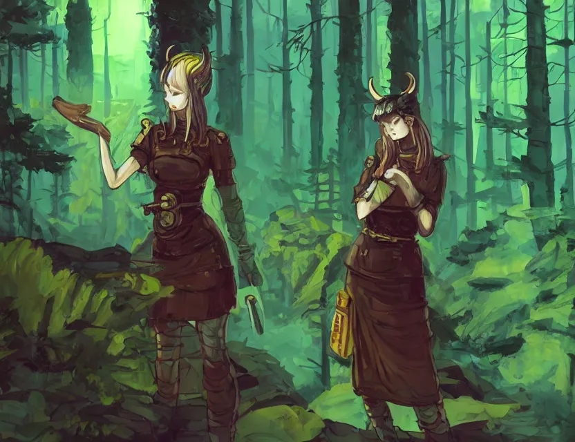 Prompt: viking scifi pastry chef in a forest cafe, wearing a lovely dress with cyberpunk elements. this oil painting by the award - winning mangaka has an interesting color scheme and impeccable lighting.