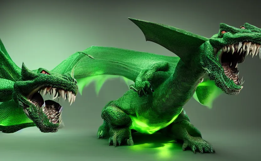 Image similar to green dragon, smiling, studio shot, volumetric lighting, 8 k, real life picture, realistic, hyperdetailed, no blur, shadows