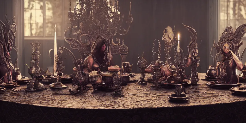 Image similar to dark witches sitting at a table doing a ritual. Ornate details, award winning. Octane render, 4k, 8k, unreal 5, very detailed, hyper control-realism, trending on artstation.”