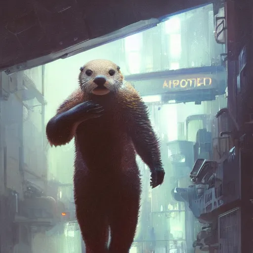 Image similar to hyperrealistic portrait of an athropomorphic otter wearing an astronaut outfit, bladerunner street, art of elysium by jeremy mann and alphonse mucha, fantasy art, photo realistic, dynamic lighting, artstation, poster, volumetric lighting, very detailed face, 4 k, award winning, cinematic lighting, deviantart, artstation, cg society