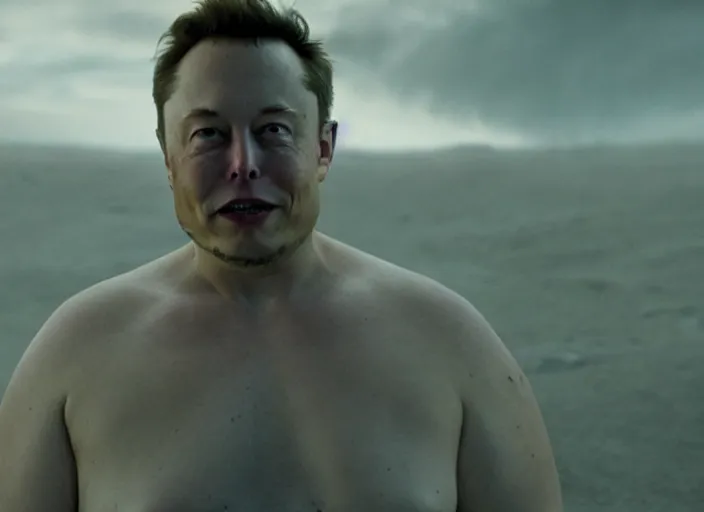 Image similar to elon musk as baron harkonnen in a black oil bath, Dune, Denis Villeneuve, film look