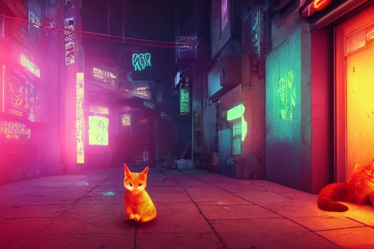 Image similar to ginger cat in the alley, neon lighting, rendered in unreal engine, trending on artstation, cyberpunk, night