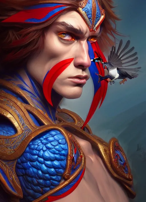 Image similar to portrait of aggressive pigeon humanoid, d & d, muscular! blue and red, fantasy, intricate, elegant, highly detailed, digital painting, artstation, concept art, smooth, sharp focus, illustration, art by artgerm and greg rutkowski and alphonse mucha