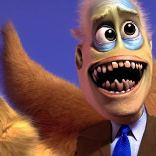 Prompt: Joe Biden is a happy monster with huge teeth in the movie Monsters Inc::several people are watching him laughing