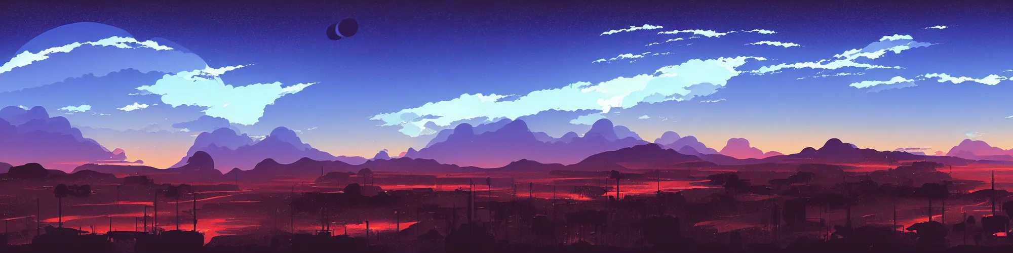 Prompt: panorama view of the sky at night time. matte painting, studio ghibli, Syd Mead's art style. professional digital painting, artstation, concept art, smooth, beautiful, cinematic. no mountains and trees.