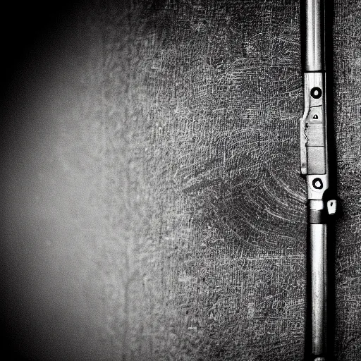 Prompt: agent 4 7 point his gun toward the camera. 5 0 mm, macro, photo, black and white.