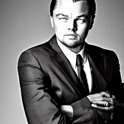 Prompt: leonardo dicaprio as an old man, portrait, black and white photography