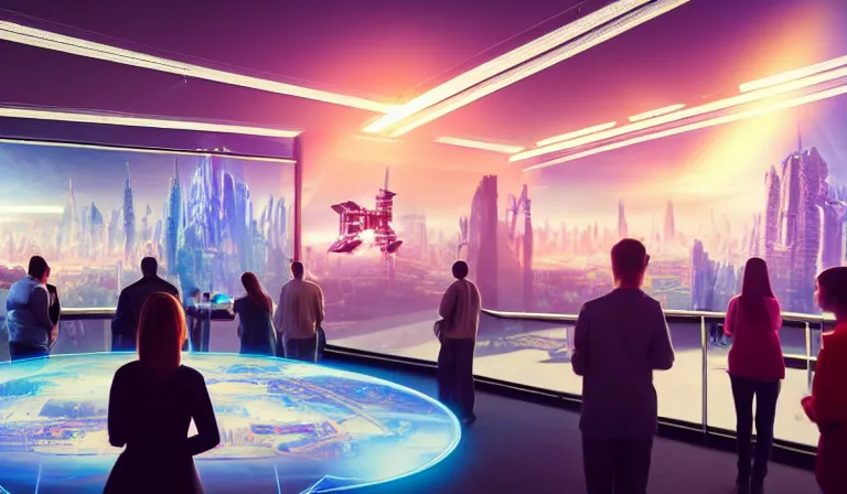 Prompt: crowd of people in open museum, looking at hologram of futuristic city on a table, cinematic concept art, godrays, golden hour, natural sunlight, 4 k, clear details, tabletop model buildings, center model buildings, hologram center, crane shot, wide shot, high shot