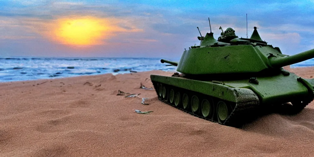 Prompt: deadly dangerous headcrab on the sand beach in the last rays of evening sun trying to eat soviet belarus tank, high detailed scene from ridley scott movie