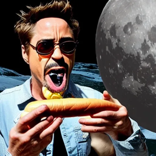 Image similar to robert downey jr eating a delicious hot dog on the moon, cell phone selfie