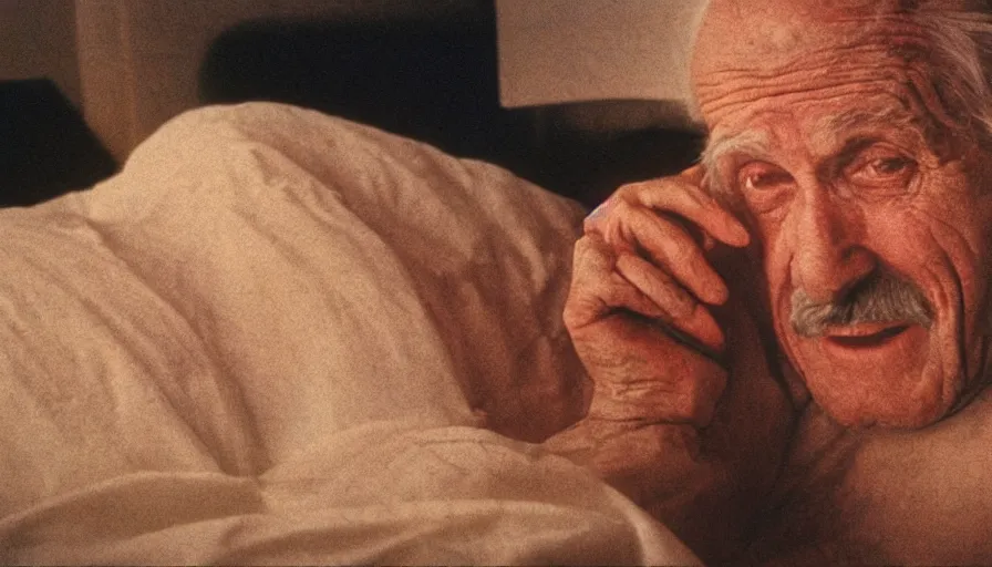 Image similar to 7 0 s movie still of a old man with a spiral in the chest in the hospital, cinestill 8 0 0 t 3 5 mm eastmancolor, heavy grain, high quality, high detail