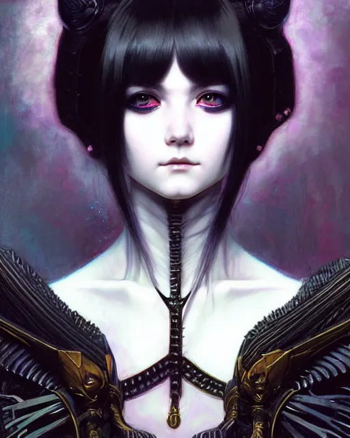 Image similar to portrait of beautiful cute young goth maiden girl with short white hairs in warhammer armor, art by ( ( ( kuvshinov ilya ) ) ) and wayne barlowe and gustav klimt and artgerm and wlop