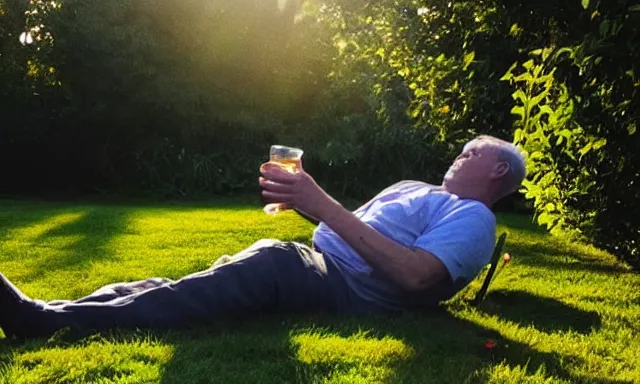 Image similar to My dad just took a hit from the bongo and have good time being gracefully relaxed in the garden, sunset lighting