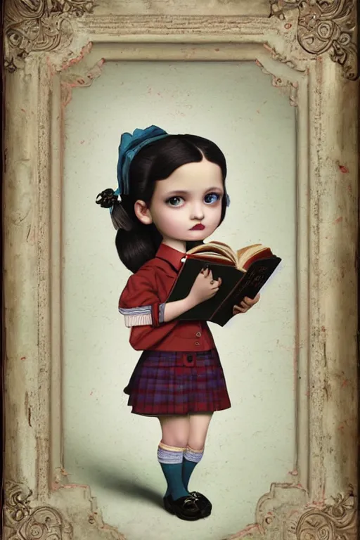 Prompt: cute little school girl with books, lowbrow, matte painting, 3 d highly detailed, in the style of mark ryden