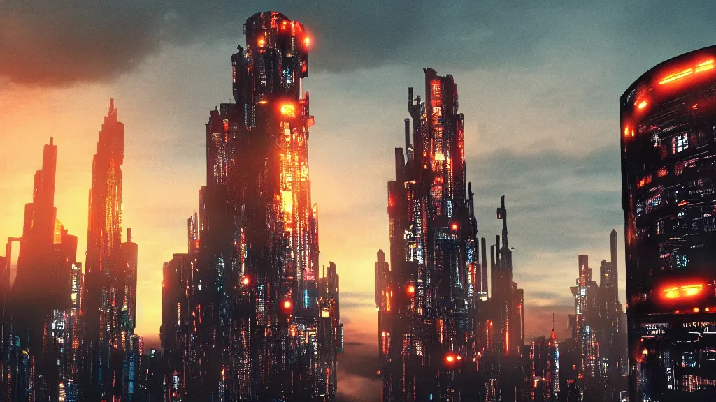 Image similar to an ancient cyberpunk tower, glowing in the evening, film still, epic shot cinematography