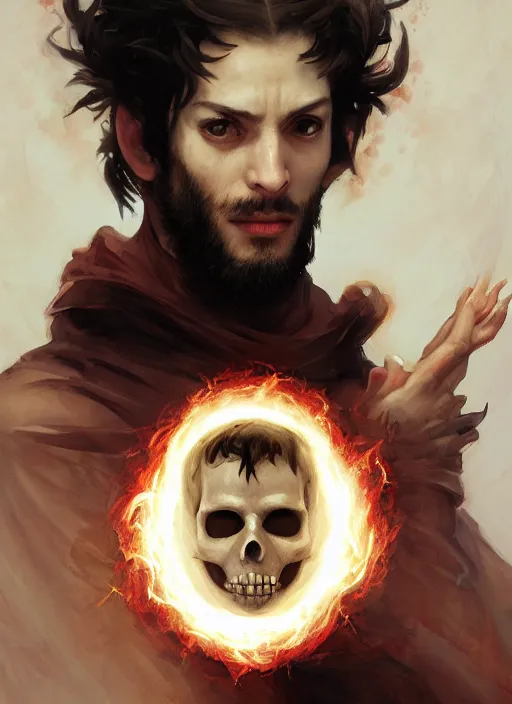 Prompt: character concept portrait of an attractive young focused Spanish wizard with pale red skin and a parital skull mask enchanting a flaming seduction spell, a floating burning spell book in the center, intricate, elegant, digital painting, concept art, smooth, sharp focus, illustration, from Metal Gear, by Ruan Jia and Mandy Jurgens and William-Adolphe Bouguereau, Artgerm