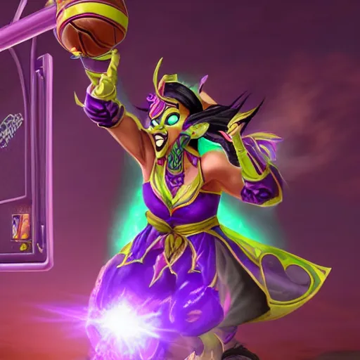 Image similar to World of warcraft night elf dunking from the freethrow line