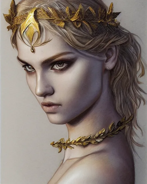 Image similar to front view of beautiful aphrodite greek goddess wearing a gold laurel wreath and triangle earrings, realism tattoo sketch, beautiful piercing eyes with sharp pupils, beautiful blonde hair, in the style of greg rutkowski, fantasy, amazing detail, epic, elegant, smooth, sharp focus