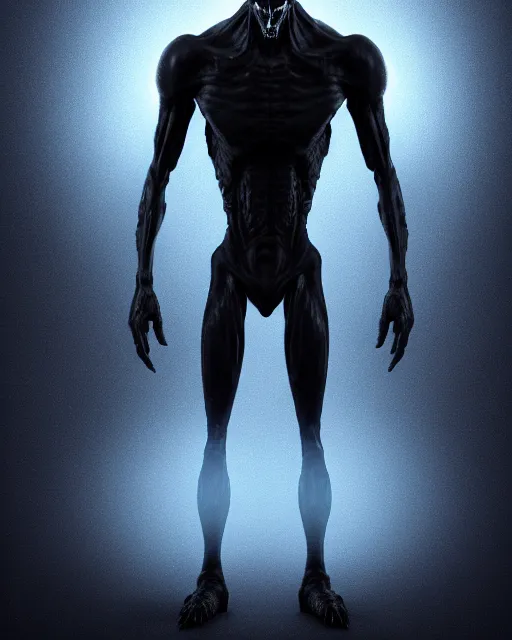 Image similar to full body dark and intimidating portrait of an angry grey alien with sharp glowing black eyes, standing upright with blue wispy light highlighting from behind its figure on a black background, scary, dark and high resolution, 3 d, rim lighting, octane render, 8 k, ultra detailed, photorealistic,