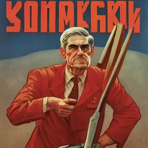 Image similar to soviet propaganda of robert mueller holding a hammer and sickle in realistic collective farm, by j. c. leyendecker, bosch, and beksinski